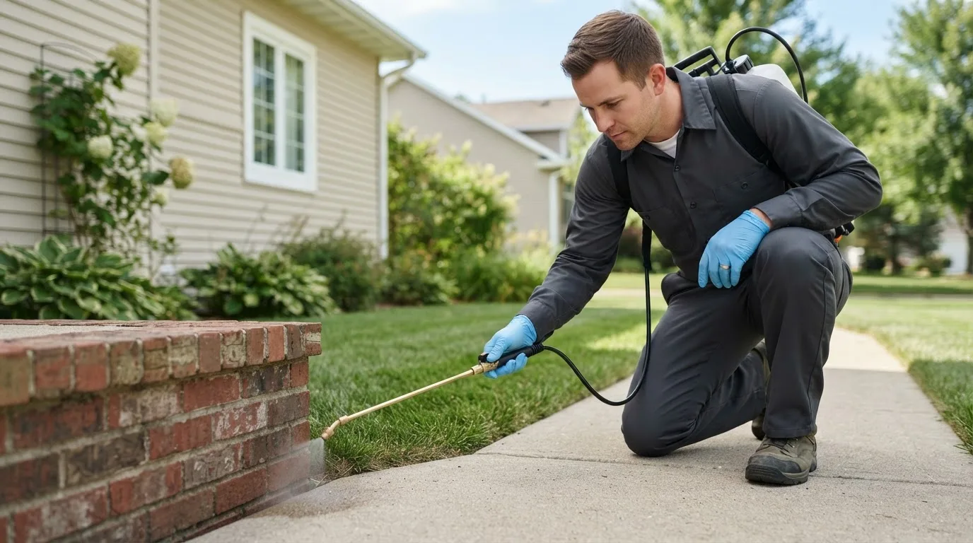 Pest control technician treating a home near Independence, KS